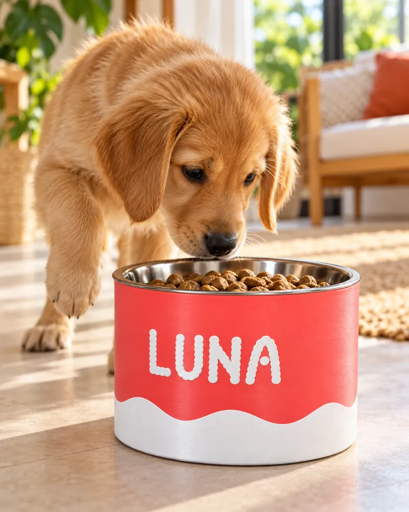 Cão usando o comedouro Coral com nome em relevo