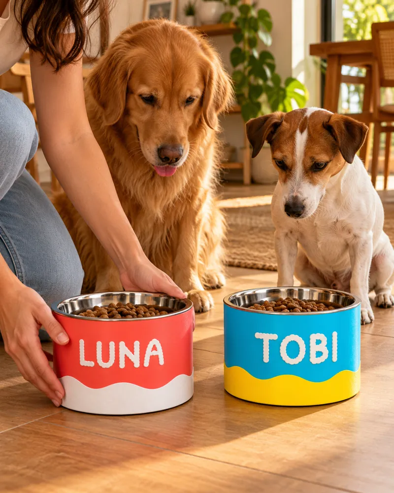 Cães ao lado dos comedouros Acqua e Coral personalizados